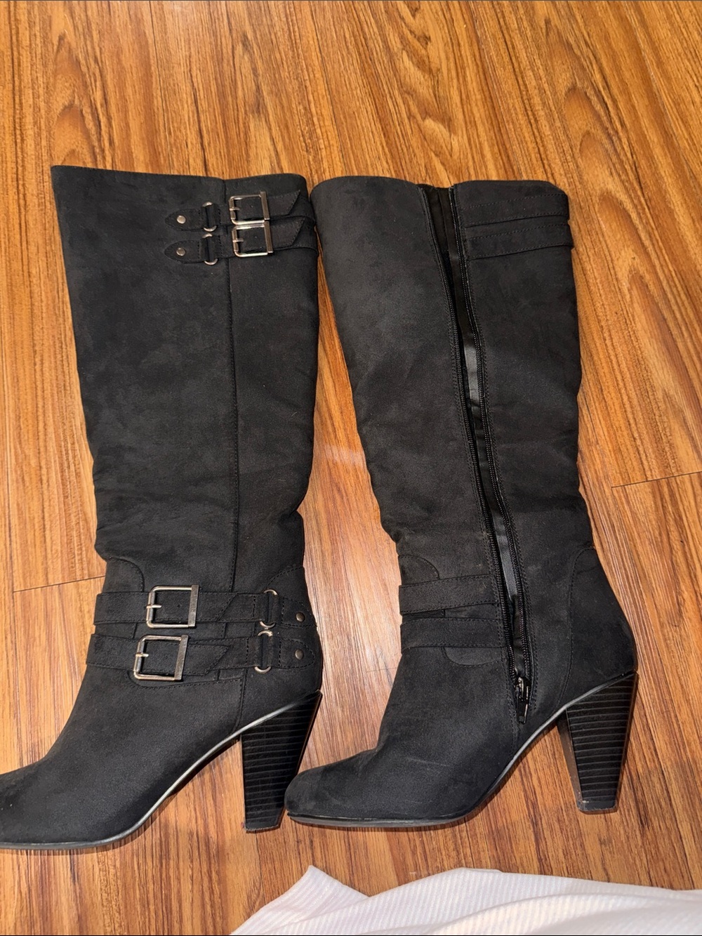 JustFab Black Mid-Calf Buckle Heeled Boots
